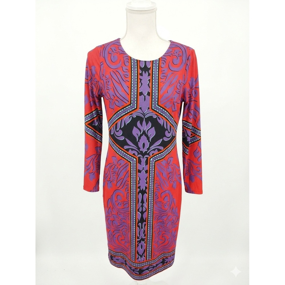 Hale Bob Womens Red Purple Medallion Print Long Sleeve‎ Sheath Dress Small